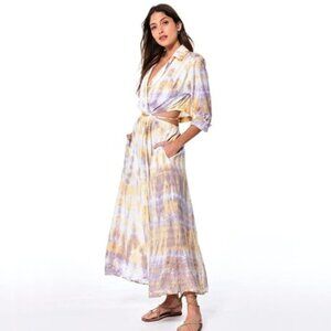 NWT YFB yellow gold and purple tie dye collared cutout wrap front tie sun dress